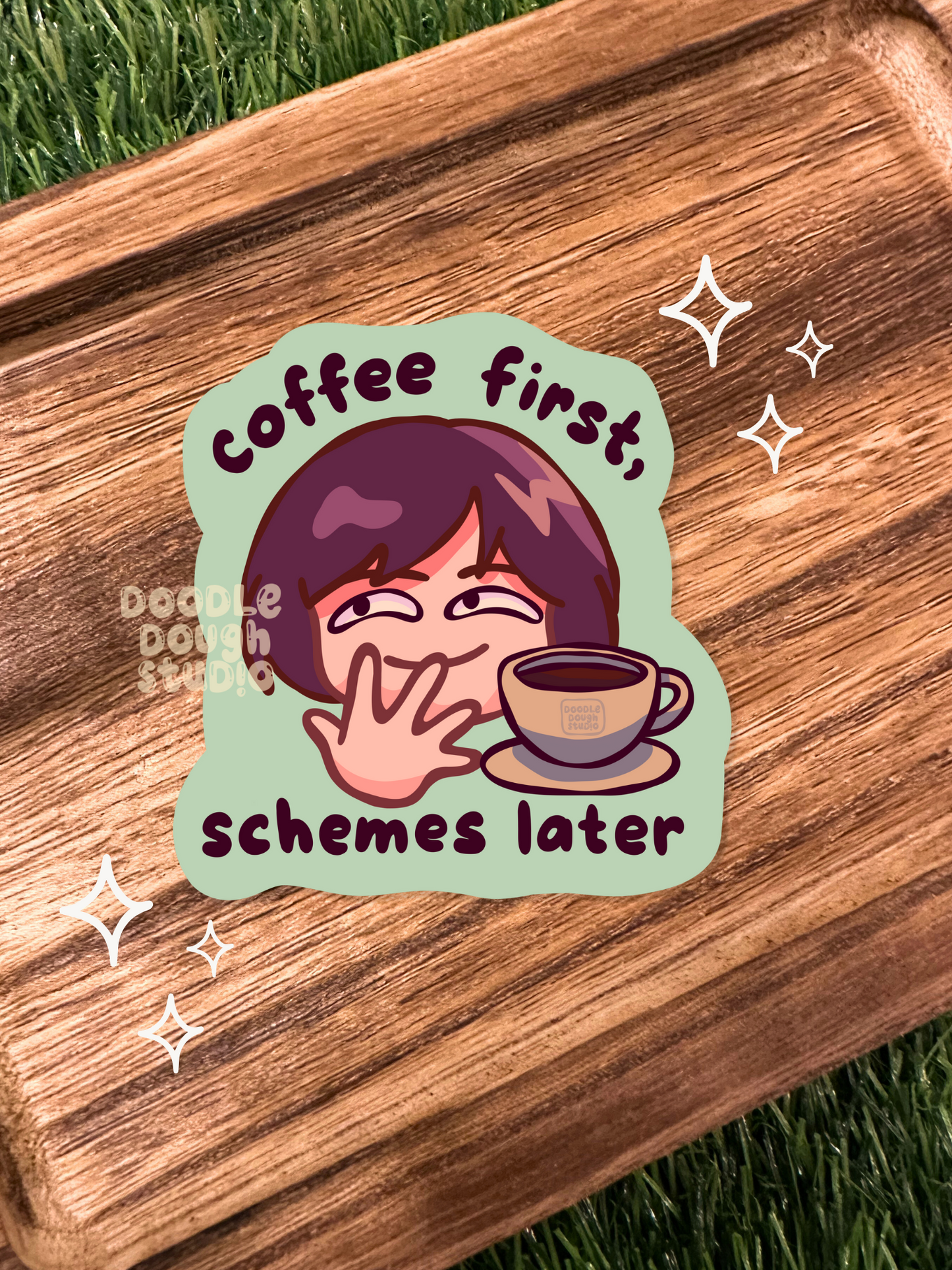 Coffee First, Schemes Later - Vinyl Sticker (Weatherproof + Dishwasher safe)